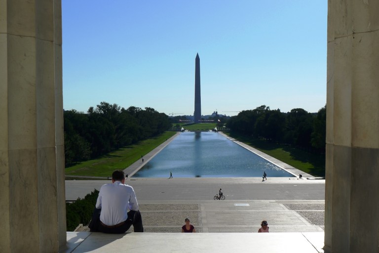The Lincoln Memorial terrace, overlooking the Washington Monument at the far end.